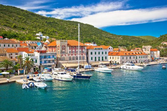 Vis town's seaside promenade is lined with baroque style buildings which now house an array of local shops, restaurants and lively bars.