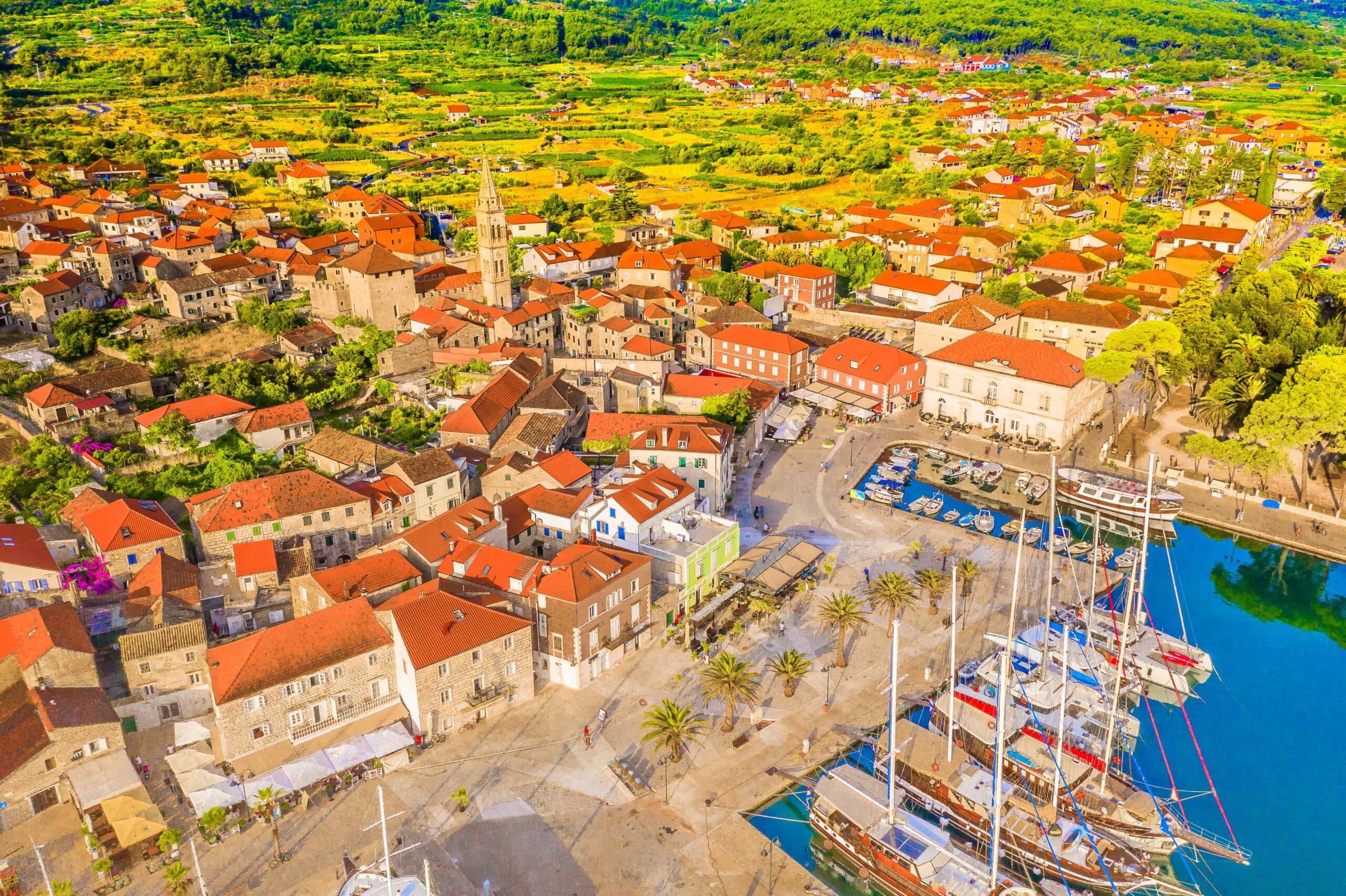 Aerial view of the town Jelsa on Hvar Island.