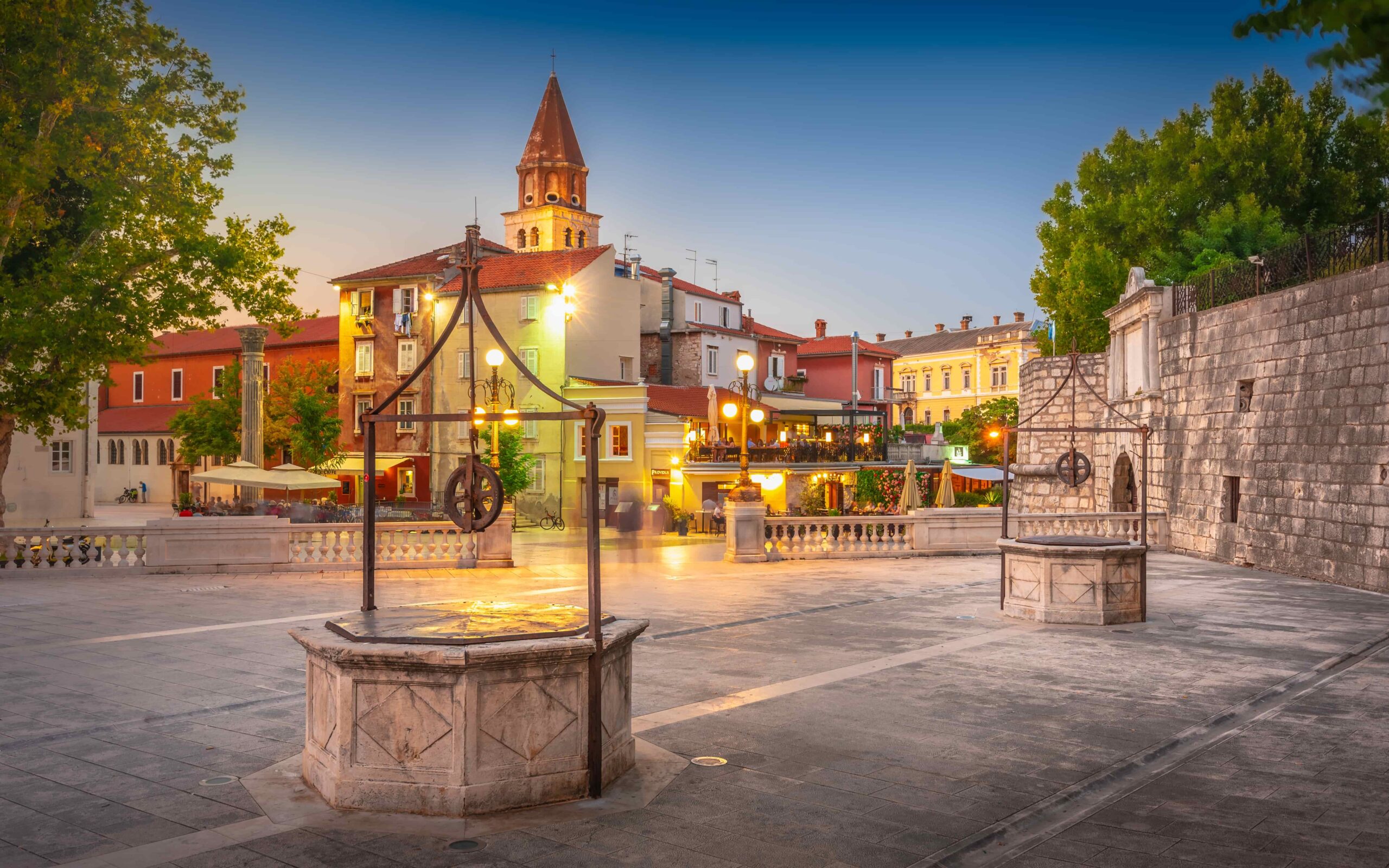 Some of the 5 wells in Zadar at sunset