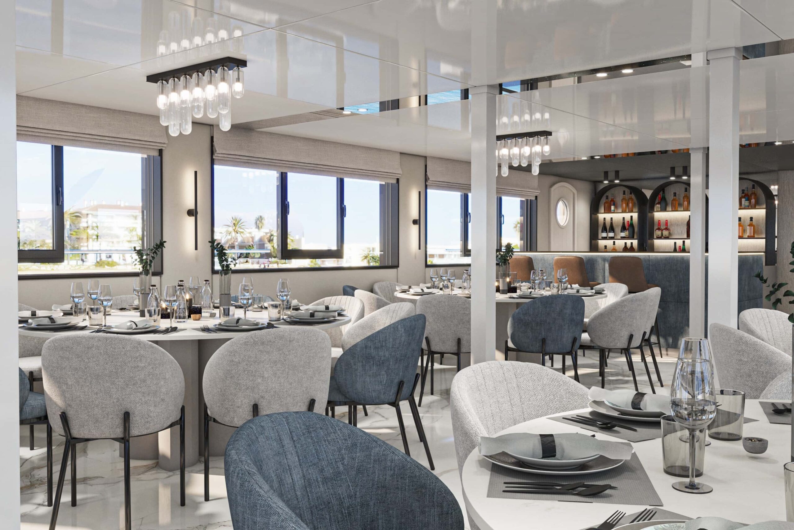 Dining and salon onboard the MS Prestige (rendered image of refurbishment for 2025)